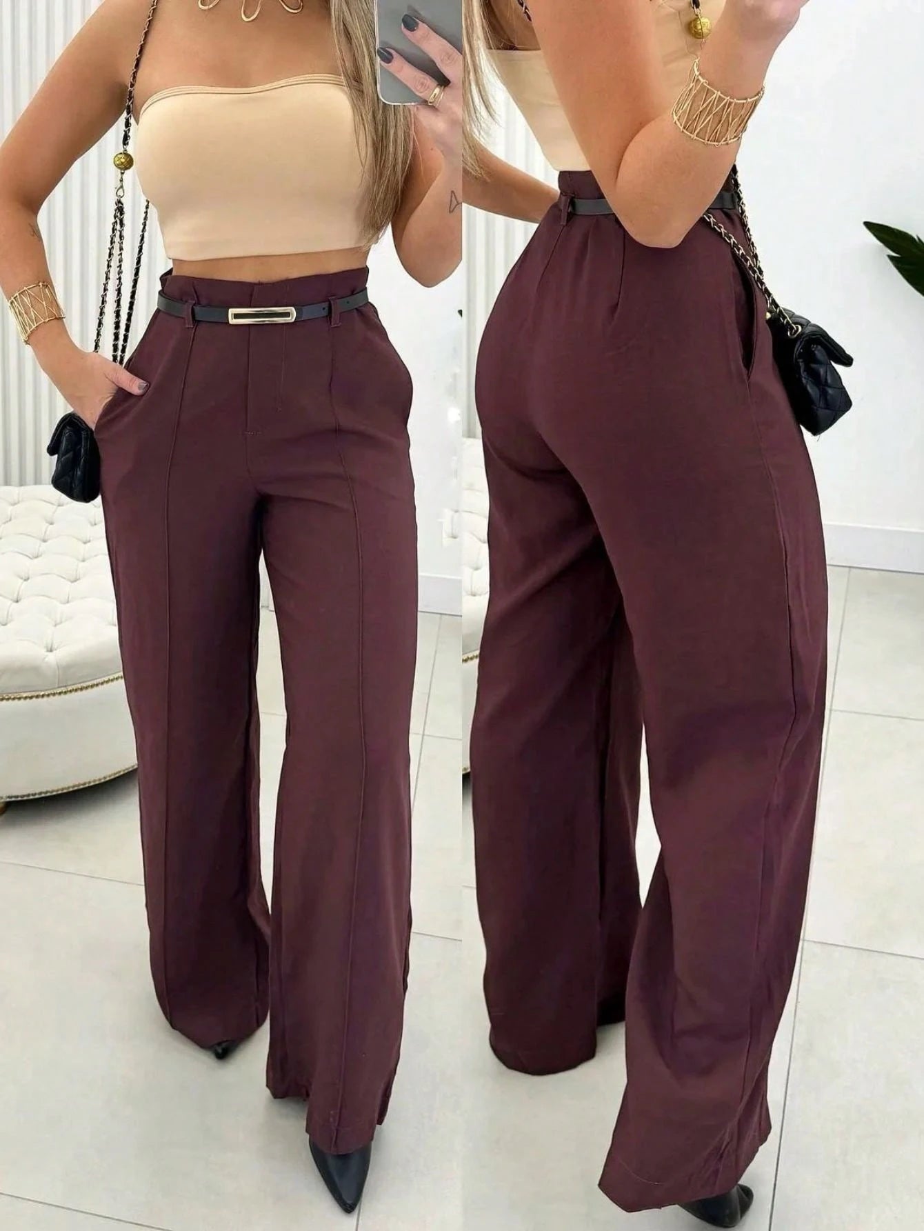 Calça Pantalona Com Cinto Alfaiataria feminina