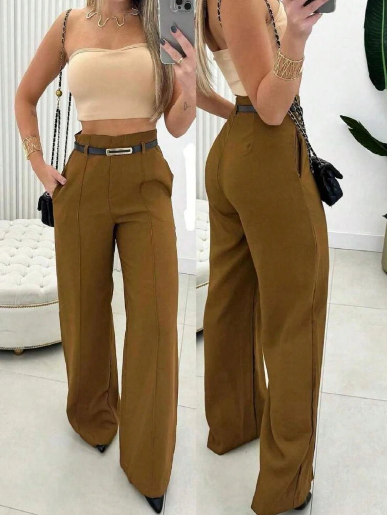 Calça Pantalona Com Cinto Alfaiataria feminina