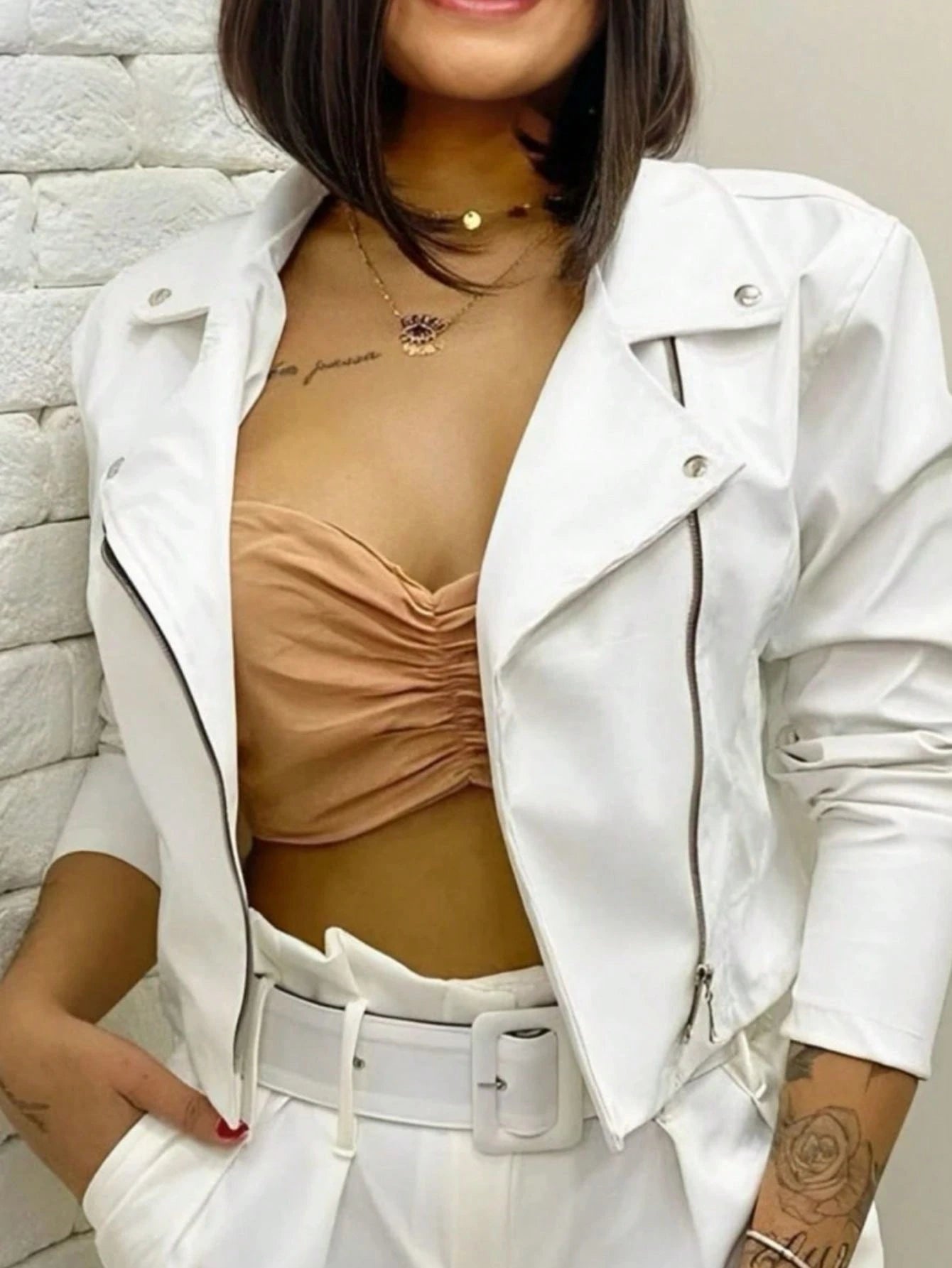 Jaqueta De Couro Feminina Com Lapela Motoqueira Festa junina